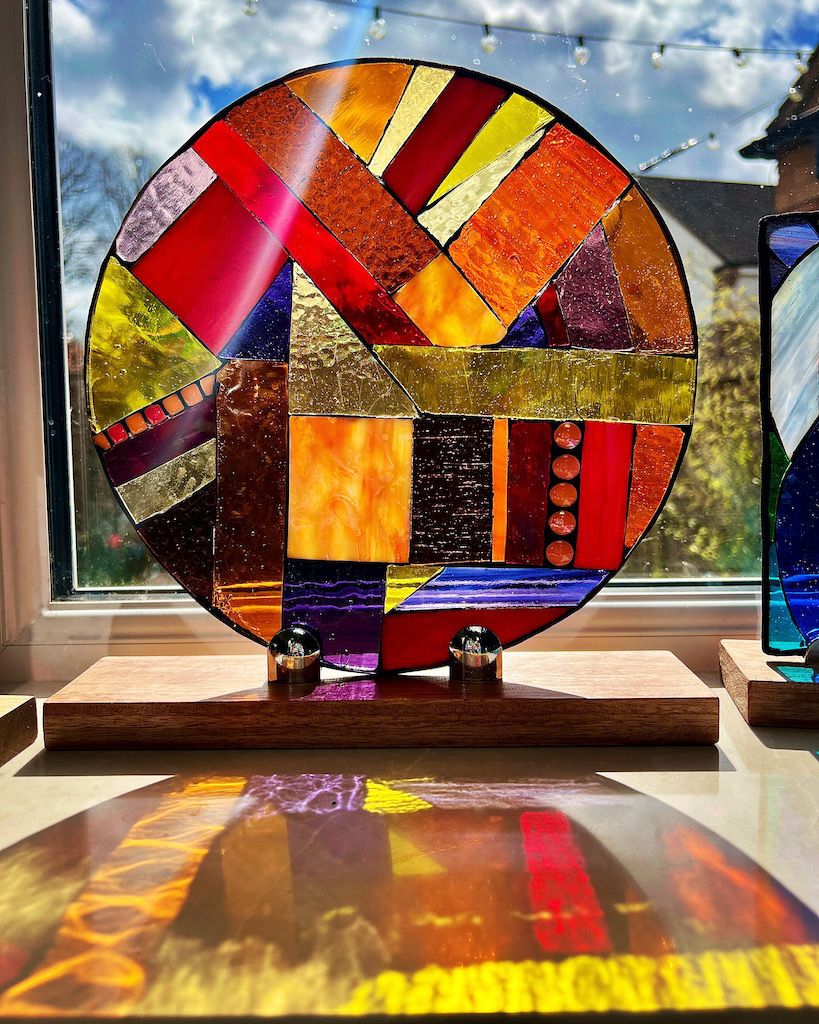 Thumbnail: Summer's Evening, Round Stained Glass Mosaic Panel with Stand