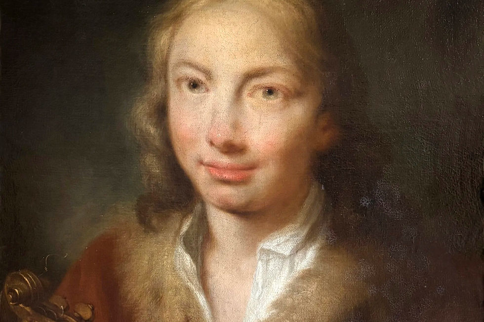 Retrato a óleo de um jovem músico de cabelos longos e casaco escuro, em meio-busto, atribuído a Giuseppe Nogari e proposto como retrato de Antonio Vivaldi.