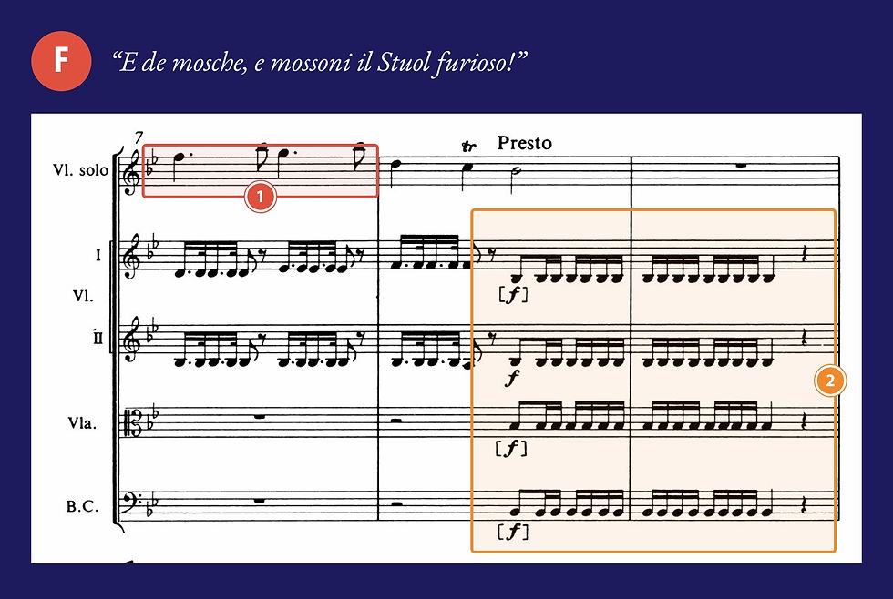 Partitura do segundo movimento do Verão, compassos 7 a 9, com a indicação F; as notas longas do solista e o forte da orquestra em cores diferentes.