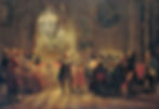 Oil painting depicting a Rococo palace room lit by candles, where a king plays the transverse flute surrounded by musicians and nobles in 18th-century costumes.