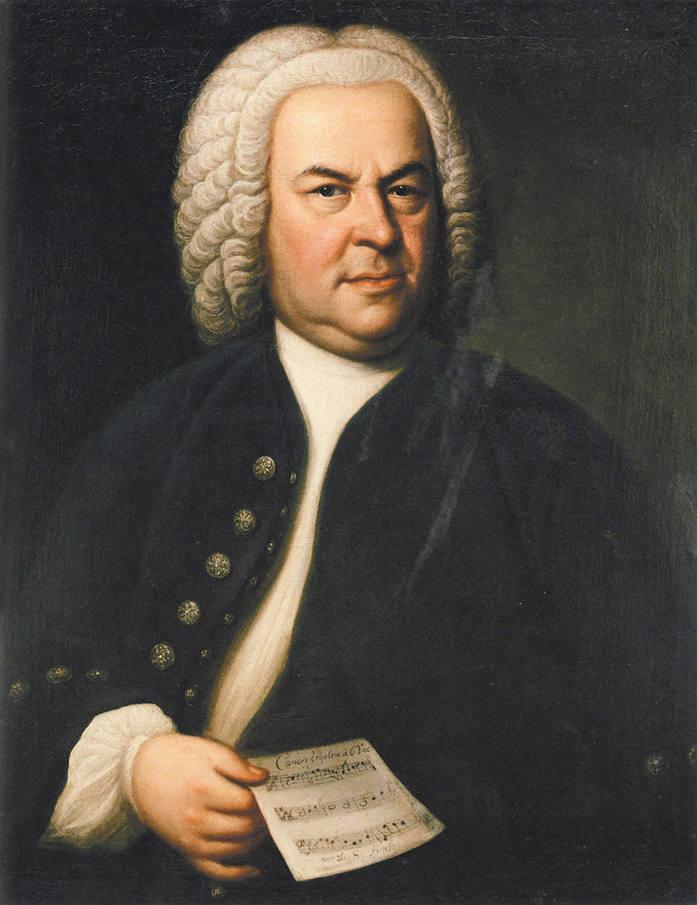 Retrato de Johann Sebastian Bach por Elias Gottlob Haussmann (1748), segurando partitura do Cânone Triplo BWV 1076.