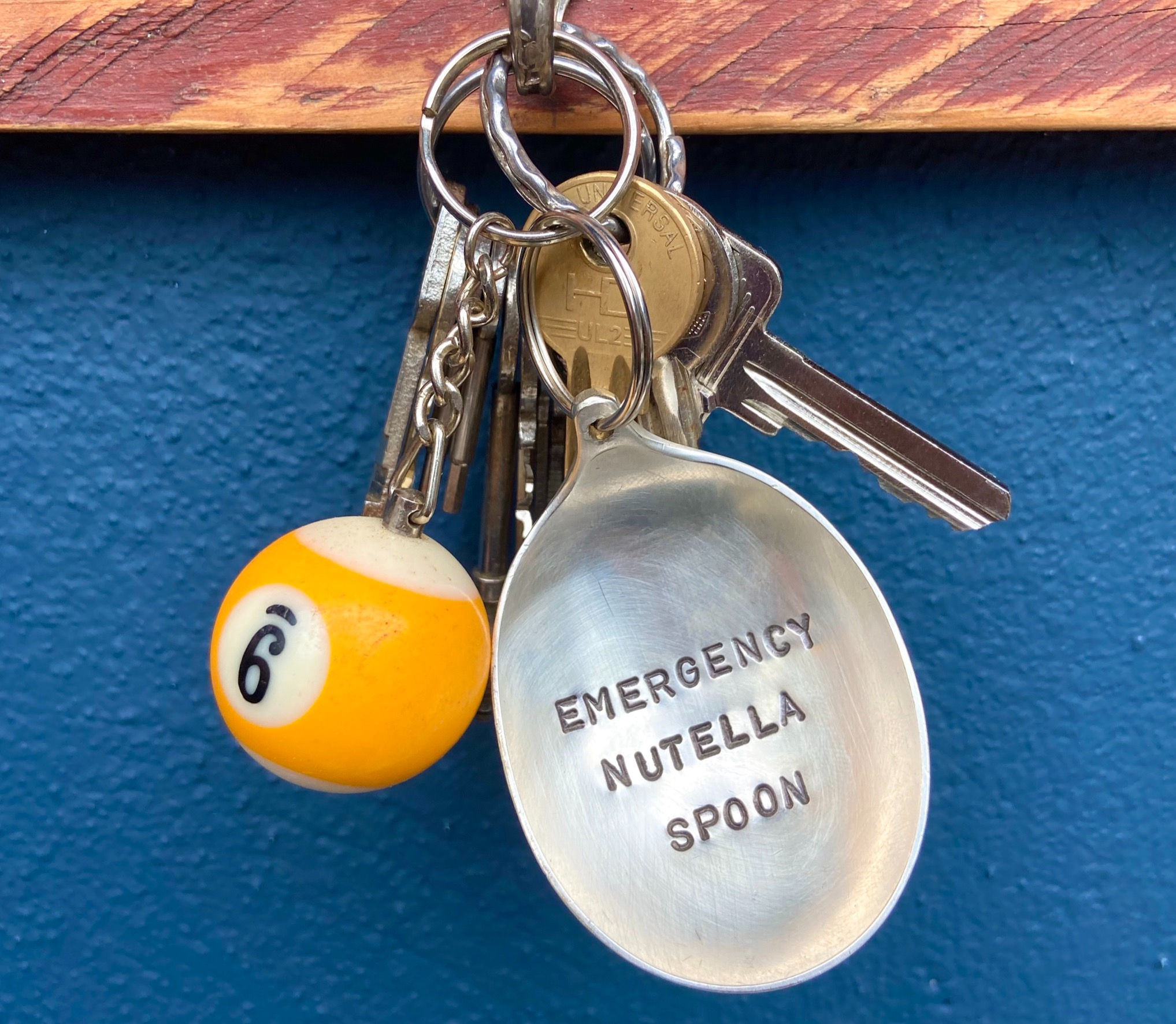 Vintage silver-plated spoon bowl keyring hand-stamped with ‘Emergency Nutella Spoon’ - perfect for snakcing on the go!