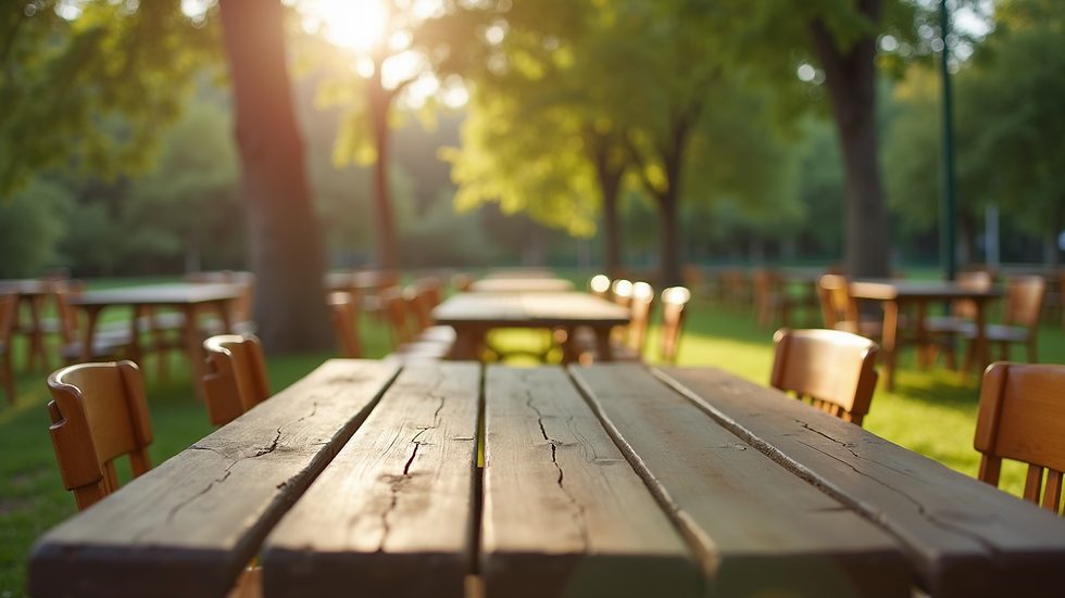Eye-level view of a community park set up with tables and chairs for a food gathering