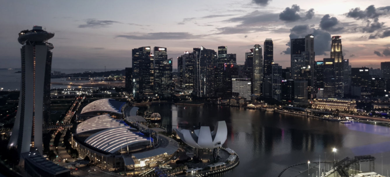 Marina Bay skyline at sunset, circa 2021