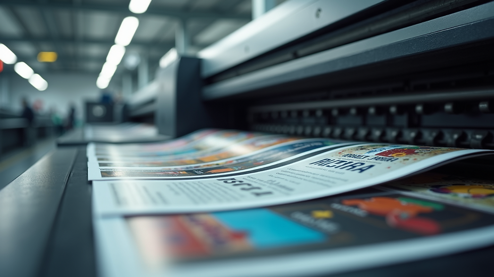 Eye-level view of a modern printing machine producing colorful brochures