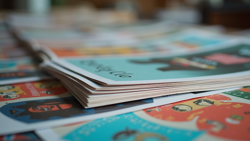 Close-up view of colorful printed flyers stacked neatly