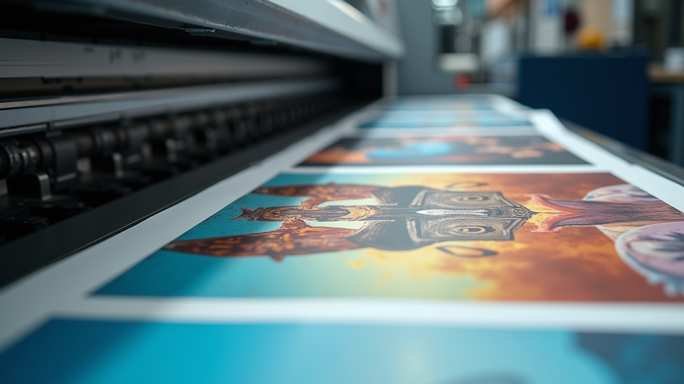 Eye-level view of a modern printing machine producing vibrant posters