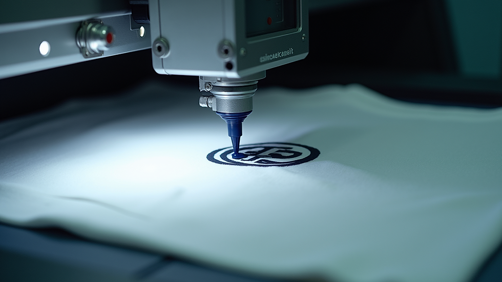 Eye-level view of a printing machine applying ink on a white t-shirt