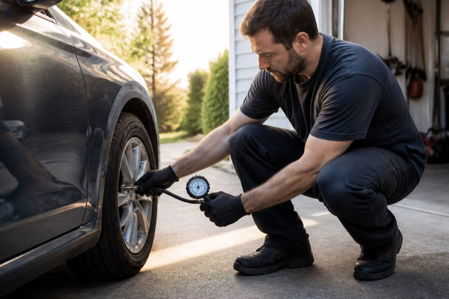 A person kneeling beside a car tire in a driveway, pressing a tire pressure gauge onto the valve stem, with morning light and a garage in the background