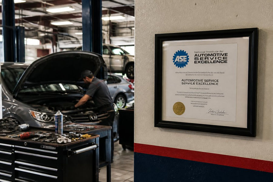 ASE certified certificate displayed on the wall near a local mechanic's workshop tools