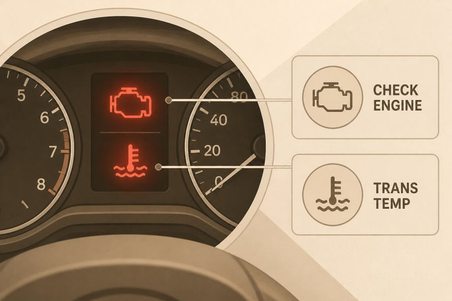 Close-up of car dashboard with illuminated warning lights, showing check engine light and transmission temperature warning indicator glowing in red
