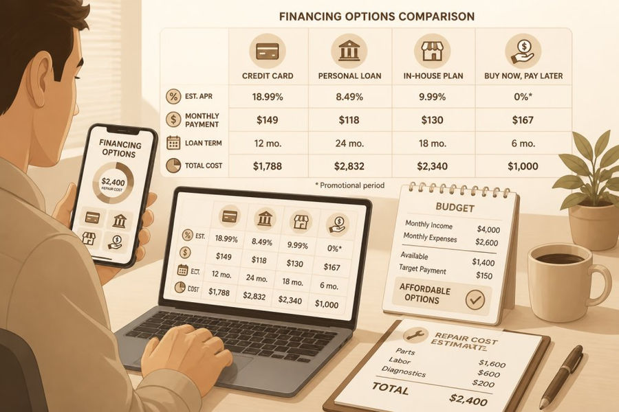 Person at desk using smartphone and laptop to compare financing options, with notepad showing budget calculations and repair cost estimates nearby, natural desk lighting