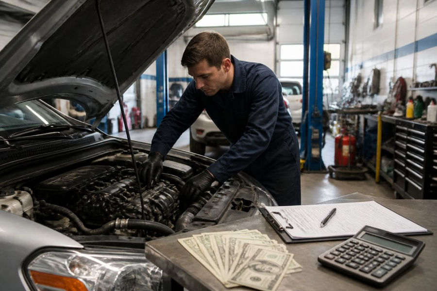 Professional automotive technician in uniform performing engine diagnostics on a vehicle in a well-lit repair bay, with diagnostic equipment visible on workbenches