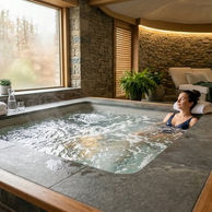 Femeie relaxandu-se in jacuzzi la spa-ul International Rasnov cu vedere panoramica