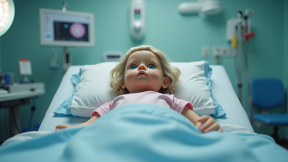 Eye-level view of a nursing simulation doll in a training environment