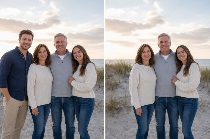 Before and after family portrait showing one person removed from the original beach photograph through professional photo editing.