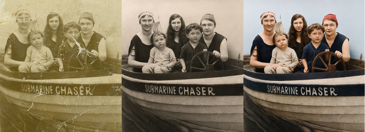 Before, restored, and colorized family photograph showing a vintage portrait repaired and enhanced with realistic color and improved detail.