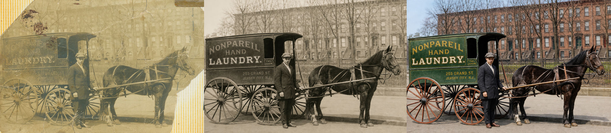 Before, restored, and colorized historic photograph showing a horse-drawn laundry wagon from Jersey City, New Jersey.