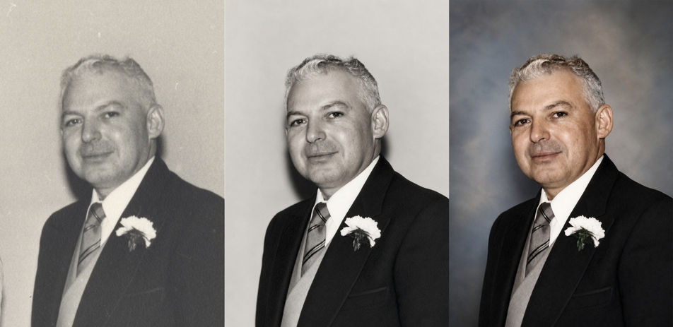 Before, restored, and colorized portrait photograph showing an older black-and-white image repaired, enhanced, and brought to life with realistic color.