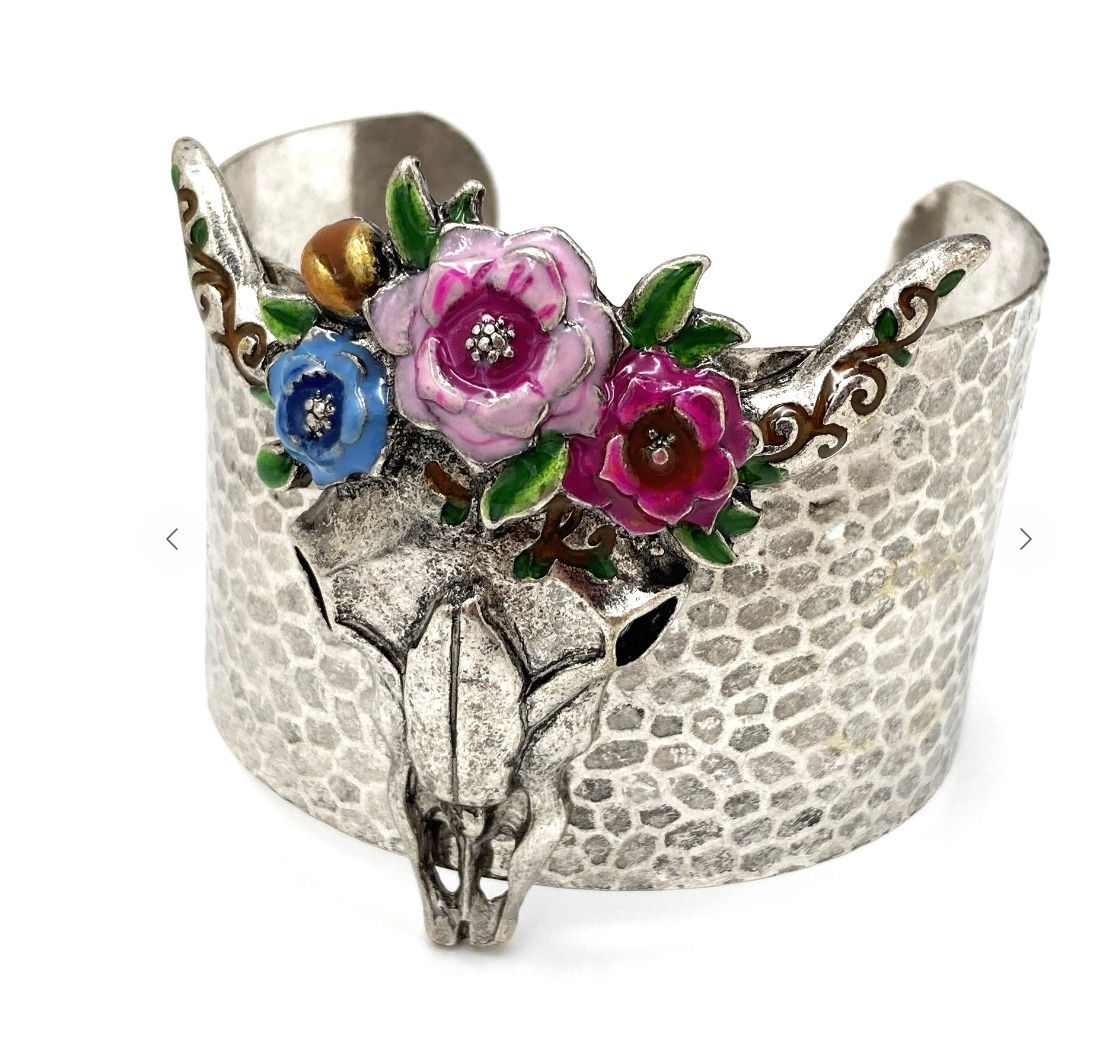 Painted Silver Steer Head Bracelet Cuff