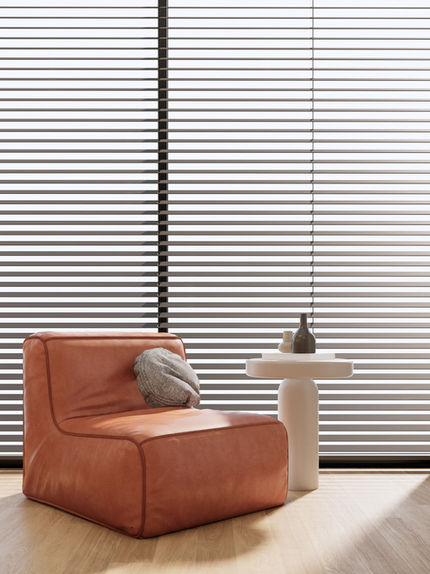 Custom horizontal blinds installed in a modern Mid Town Tulsa living room