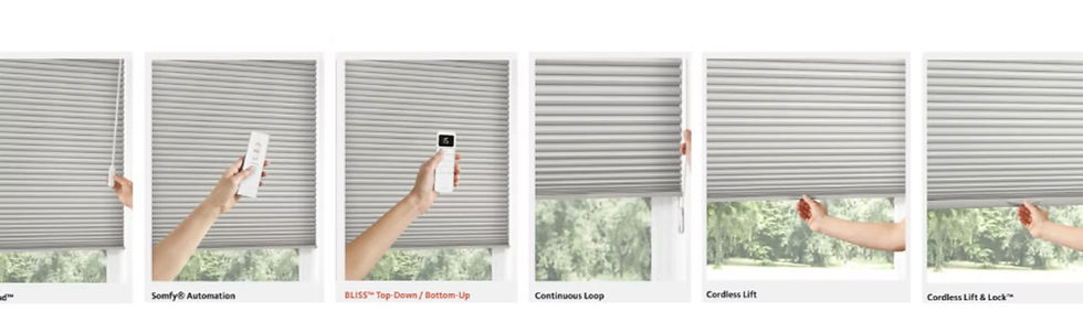 Honeycomb and cellular shade operating options including cordless lift, corded continuous loop, motorized control, power-wand lift, and cordless lock and lift, shown together for North Texas homes and offices.