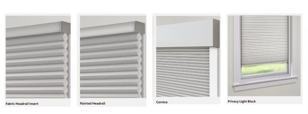 Honeycomb shade headrail, cornice, and light-block options shown together, featuring standard and fabric-wrapped rails with cornice and side light-control solutions.