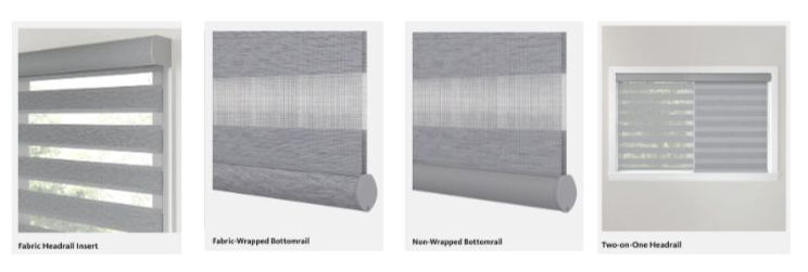 Fabric valance, wrapped and unwrapped hem bar options, and two -on-one headrail system for custom zebra and banded shades in Tulsa