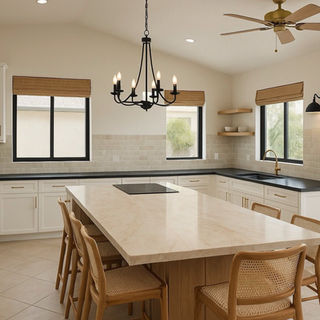 Kitchen with center island and woven wood shades on large windows in Celina home