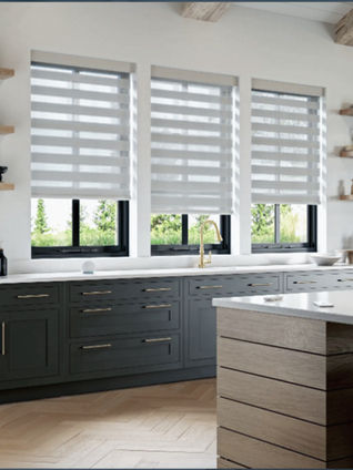 Custom zebra shades installed on kitchen windows in a modern North Texas home