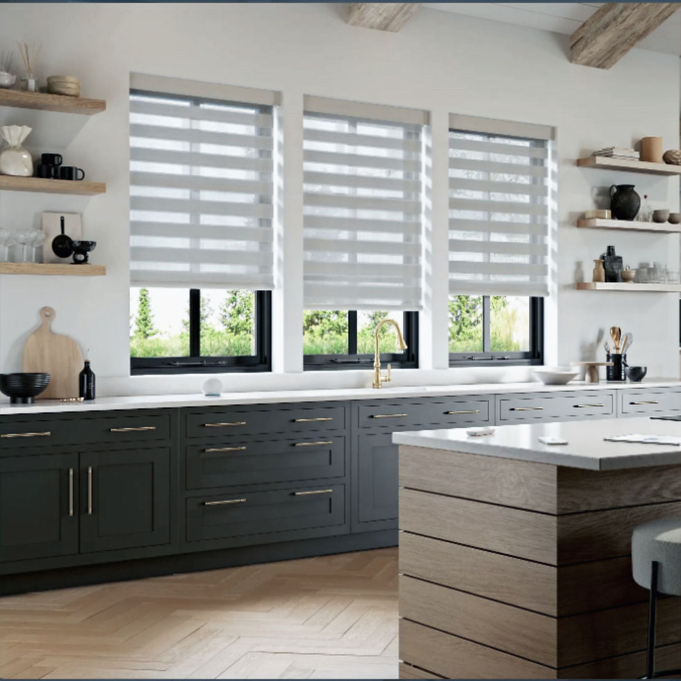 Motorized zebra shades over kitchen sink in Mckinney, Texas home offering light control and privacy