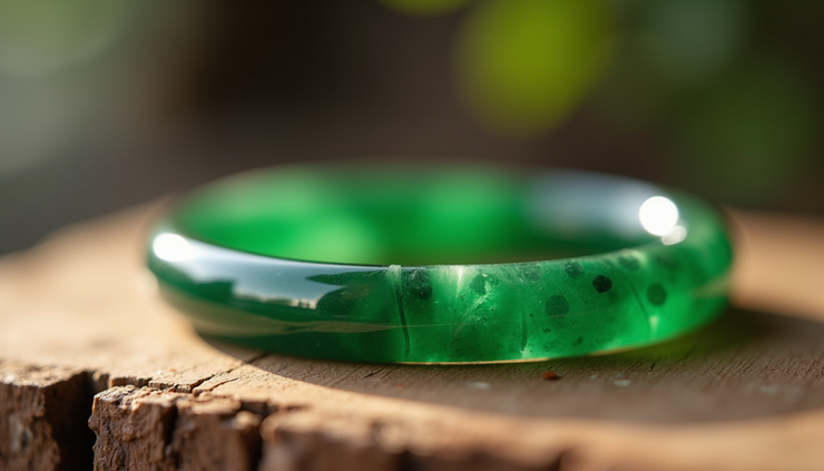 Close-up view of an energized green jade bracelet resting on a wooden surface