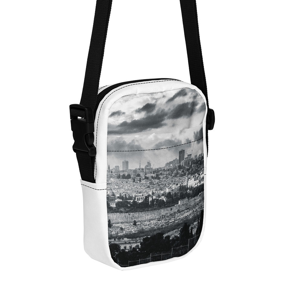 Thumbnail: Jerusalem Cityscape Crossbody Bag in Black and White