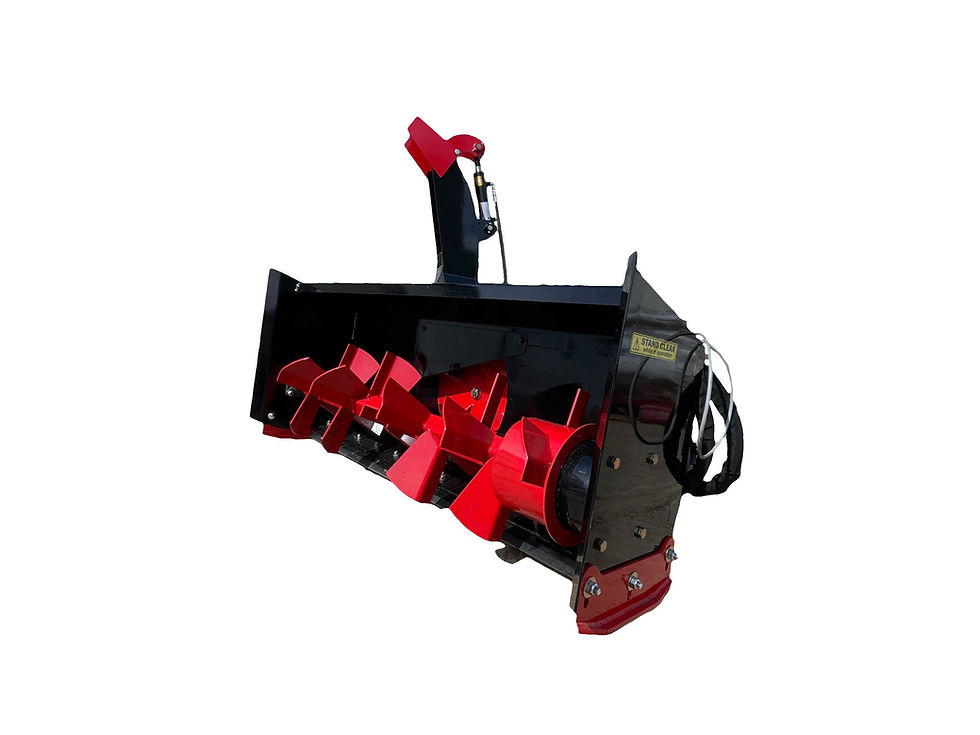 Heavy-duty skid steer snow blower attachment with red augers and adjustable chute, designed for efficient snow removal.