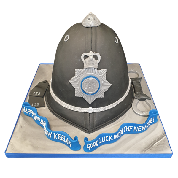 Bespoke Police Helmet cake with detailed badge and visor design, crafted in Solihull, West Midlands for celebration.