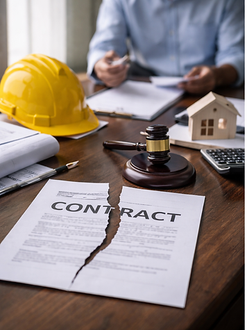 A torn contract on a table with a gavel, hard hat, house model, and calculator nearby. Person holds papers, suggesting a legal or business issue.