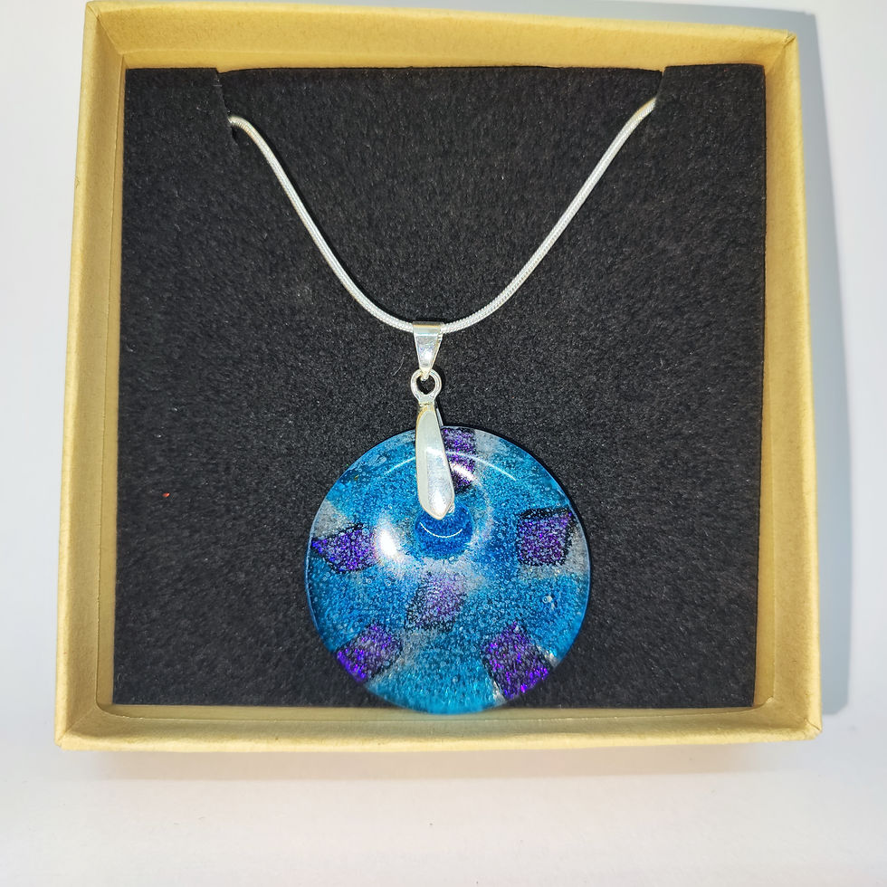 Thumbnail: Dichroic Glass Donut Pendant, Blues On Snake Chain 24a