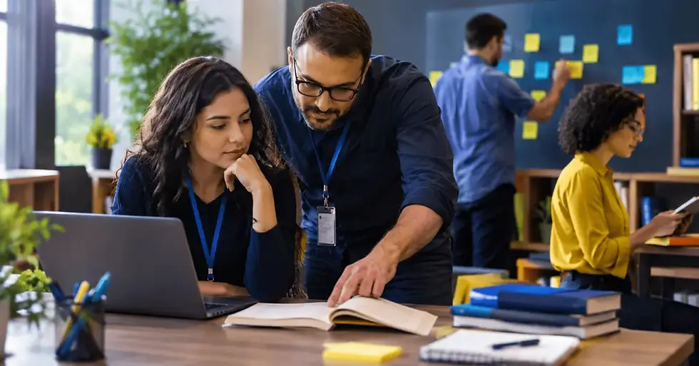 Profissionais colaborando em uma iniciativa de educação corporativa com conteúdos digitais e materiais de apoio.