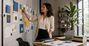 Profissional organizando visualmente habilidades e conteúdos de conhecimento corporativo.