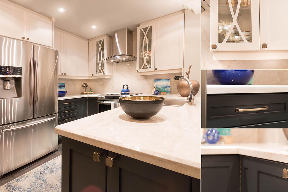 Black and cream kitchen with glass doors and stone counter tops