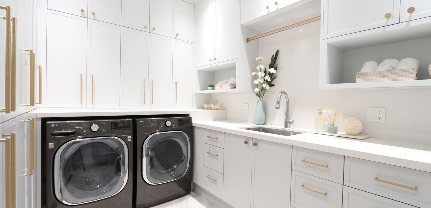 beautifully renovated laundry room in blue and white