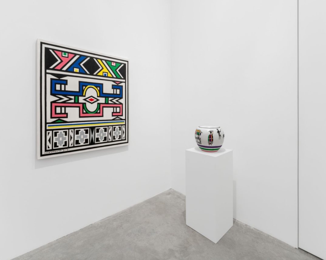 Installation view of 'Where Two Rivers Meet', Esther Mahlangu's first solo exhibition at Almine Rech London, 2023