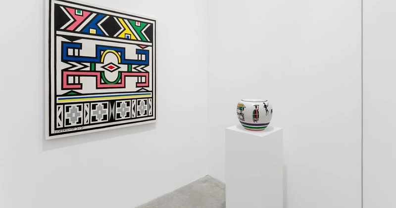 Installation view of 'Where Two Rivers Meet', Esther Mahlangu's first solo exhibition at Almine Rech London, 2023