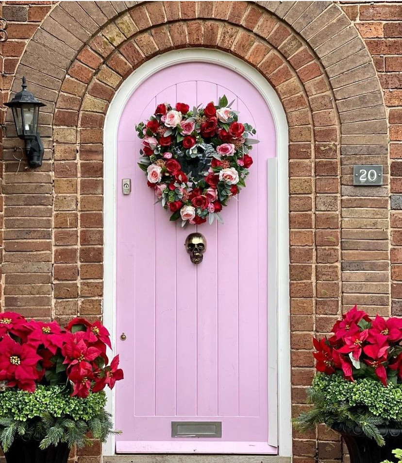 Archway | Pink front door with Valentines heart wreath | Red and pink rose wreath | Pink flowers with mint green front door | Interior design studio | Interior design blog | Interior designer | What does your front door colour say about you
