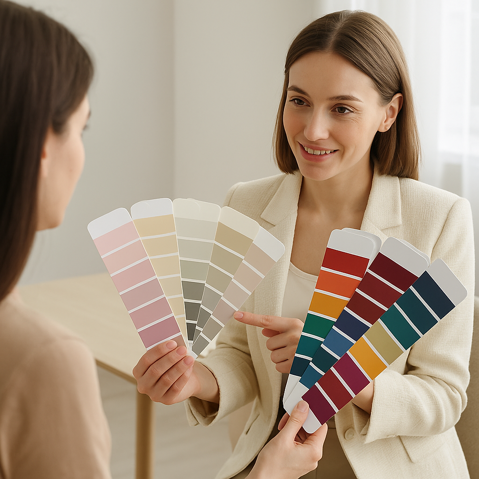 Asesora de colorimetría desplegando una paleta de tonos suaves, neutros y acentos frente a una clienta, mostrando cómo se construye una paleta personal.