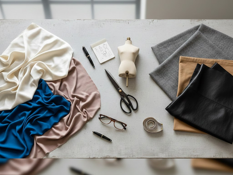 Vista cenital de un escritorio de asesoría de imagen con muestras de tejidos fluidos como seda y viscosa junto a telas estructuradas como tweed y cuero, acompañados de herramientas de diseño en un entorno profesional y luminoso.