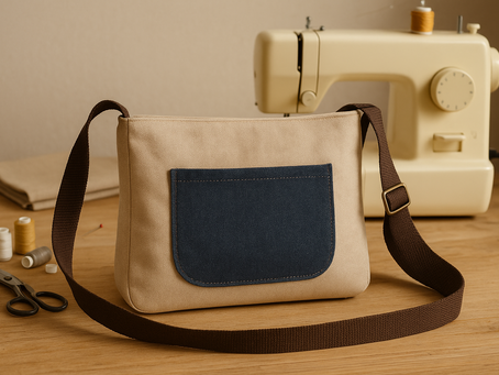 Bolso bandolera de tela hecho a mano sobre una mesa de costura con materiales alrededor