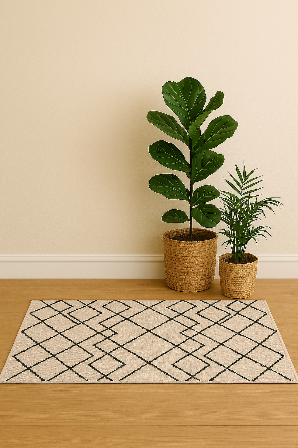 Alfombra geométrica lavable en tonos neutros con dos plantas de interior en macetas de fibra natural.