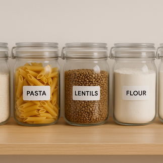 Cinco tarros herméticos de cristal transparentes alineados en un estante de madera, con arroz, pasta, lentejas, harina y azúcar, cada uno con su etiqueta.