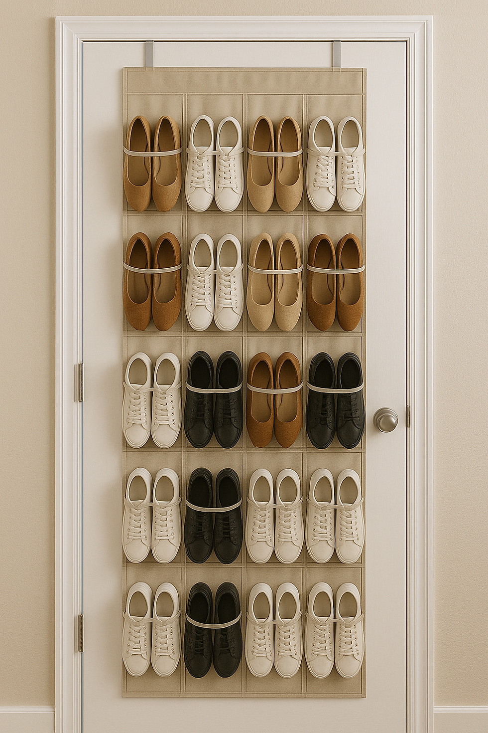 Organizador de tela con bolsillos transparentes colgado detrás de una puerta blanca, con zapatos variados en cada compartimento.